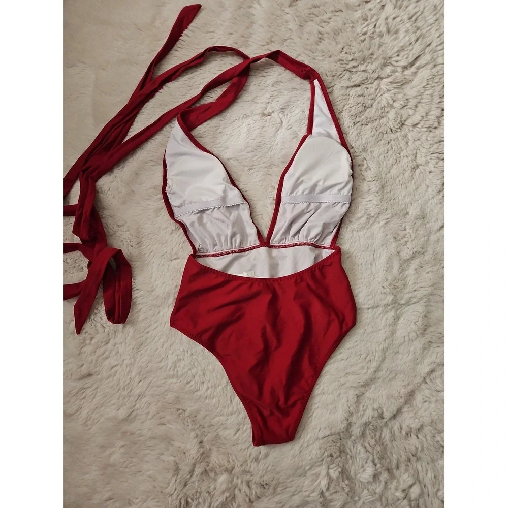 CUPSHE Maroon Red Plunge V-Neck Halter One-Piece Swimsuit Size Small S